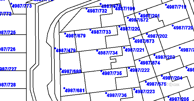 Parcela st. 4987/734 v KÚ Louny, Katastrální mapa