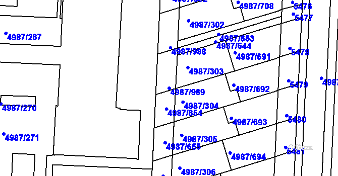 Parcela st. 4987/989 v KÚ Louny, Katastrální mapa