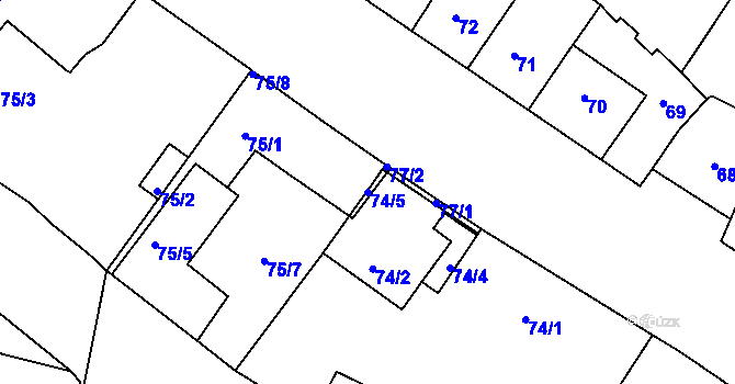 Parcela st. 74/5 v KÚ Louny, Katastrální mapa