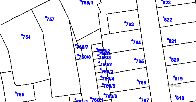 Parcela st. 758/4 v KÚ Louny, Katastrální mapa