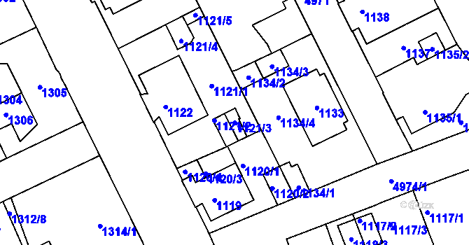 Parcela st. 1121/3 v KÚ Louny, Katastrální mapa
