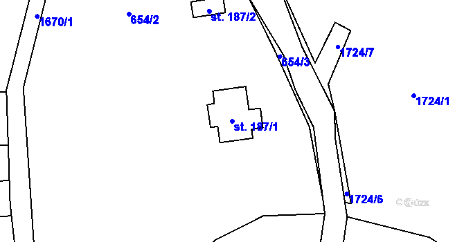 Parcela st. 187/1 v KÚ Loužnice, Katastrální mapa
