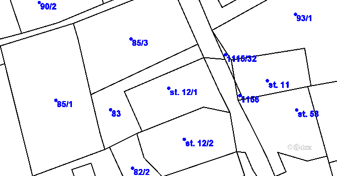 Parcela st. 12/1 v KÚ Kvasetice, Katastrální mapa