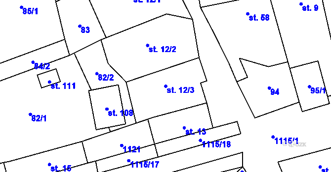 Parcela st. 12/3 v KÚ Kvasetice, Katastrální mapa