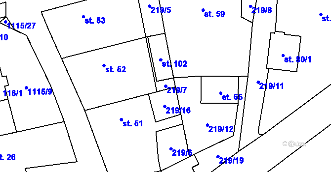 Parcela st. 219/7 v KÚ Kvasetice, Katastrální mapa