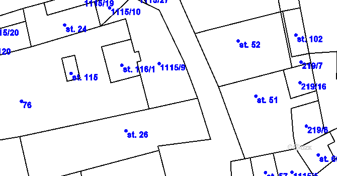 Parcela st. 1115/8 v KÚ Kvasetice, Katastrální mapa