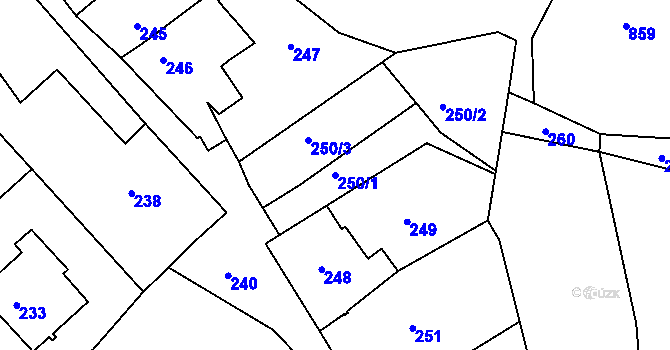 Parcela st. 250/1 v KÚ Lovčičky, Katastrální mapa