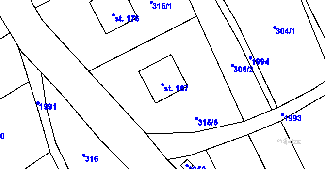 Parcela st. 187 v KÚ Lubojaty, Katastrální mapa