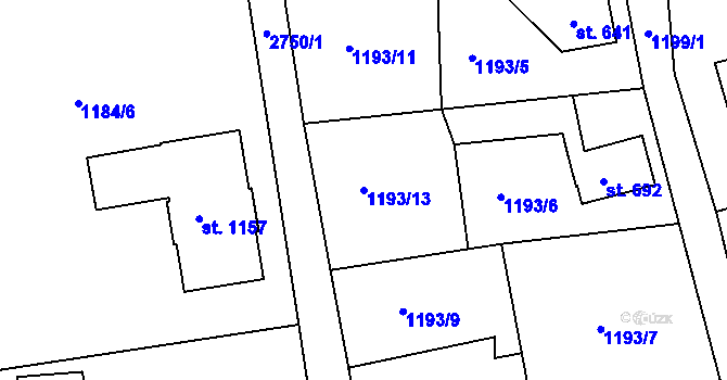 Parcela st. 1193/13 v KÚ Luby I, Katastrální mapa