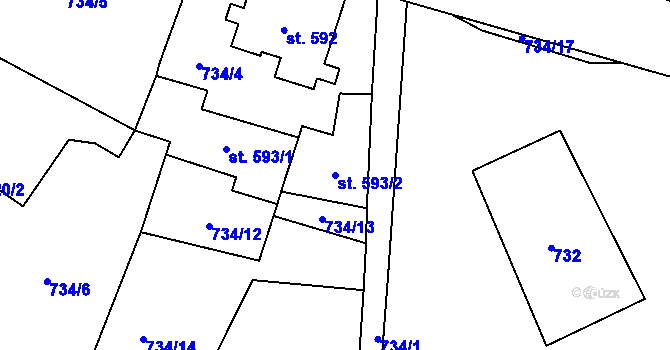 Parcela st. 593/2 v KÚ Lučany nad Nisou, Katastrální mapa