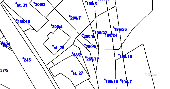 Parcela st. 200/5 v KÚ Milkov na Moravě, Katastrální mapa