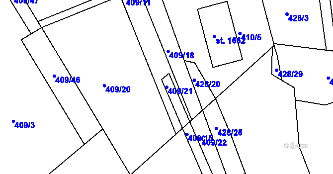 Parcela st. 409/21 v KÚ Luhačovice, Katastrální mapa