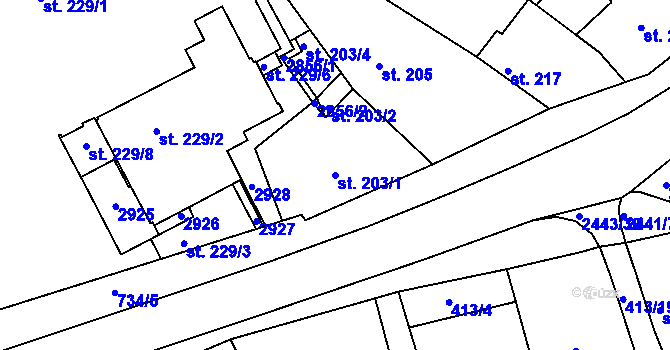 Parcela st. 203/1 v KÚ Luhačovice, Katastrální mapa