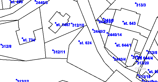 Parcela st. 624 v KÚ Luhačovice, Katastrální mapa