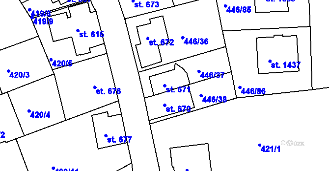 Parcela st. 671 v KÚ Luhačovice, Katastrální mapa