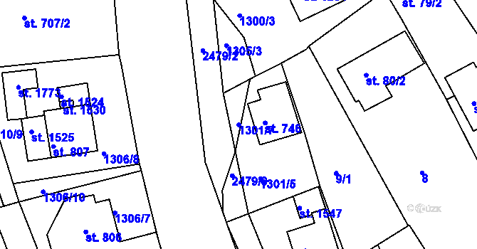 Parcela st. 1301/7 v KÚ Luhačovice, Katastrální mapa