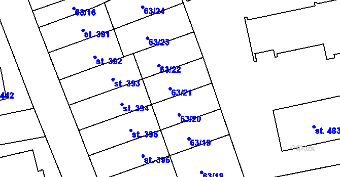 Parcela st. 63/21 v KÚ Luštěnice, Katastrální mapa