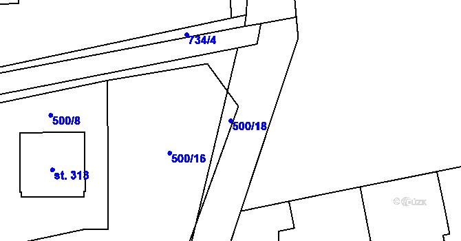 Parcela st. 500/18 v KÚ Luštěnice, Katastrální mapa