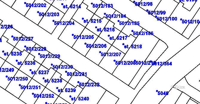 Parcela st. 5012/207 v KÚ Luštěnice, Katastrální mapa
