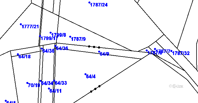 Parcela st. 64/9 v KÚ Voděrady u Luštěnic, Katastrální mapa