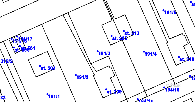 Parcela st. 191/3 v KÚ Lutín, Katastrální mapa