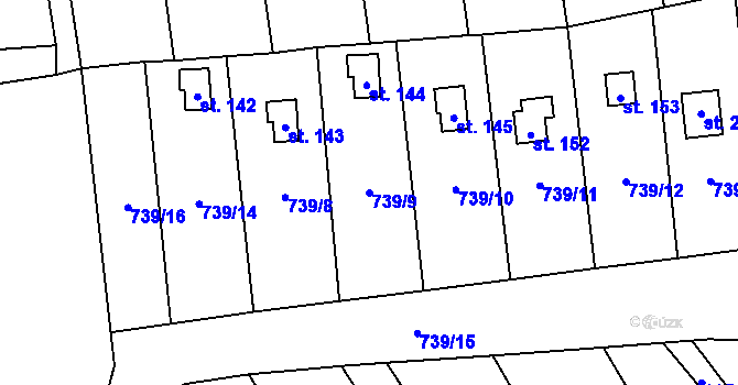 Parcela st. 739/9 v KÚ Dlouhá Louka u Lužan, Katastrální mapa