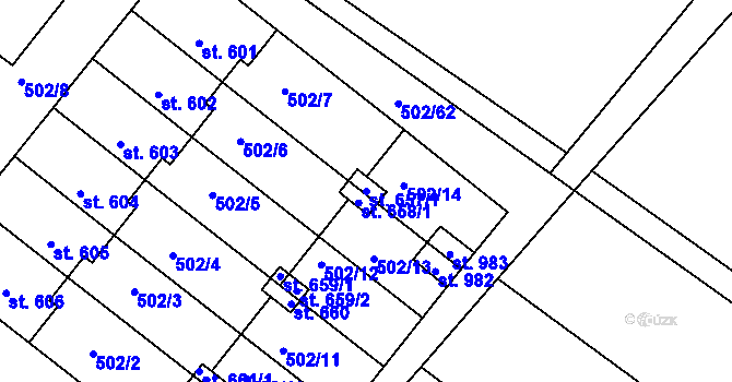 Parcela st. 657/1 v KÚ Luže, Katastrální mapa