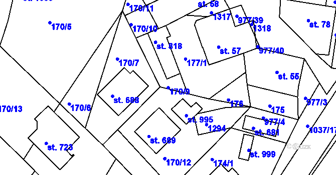 Parcela st. 170/9 v KÚ Luže, Katastrální mapa