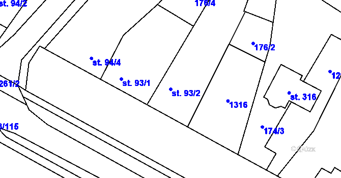 Parcela st. 93/2 v KÚ Lužec nad Cidlinou, Katastrální mapa