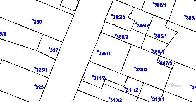 Parcela st. 388/1 v KÚ Lužice u Hodonína, Katastrální mapa