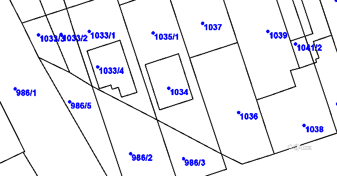 Parcela st. 1034 v KÚ Lužice u Hodonína, Katastrální mapa