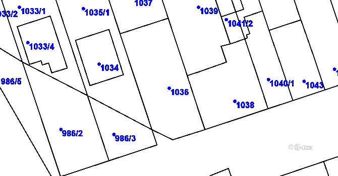 Parcela st. 1036 v KÚ Lužice u Hodonína, Katastrální mapa