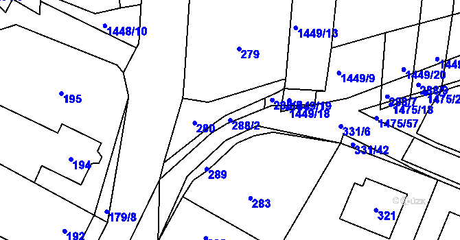 Parcela st. 288/2 v KÚ Lužná u Rakovníka, Katastrální mapa