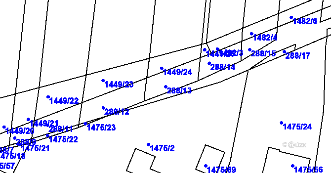 Parcela st. 288/13 v KÚ Lužná u Rakovníka, Katastrální mapa