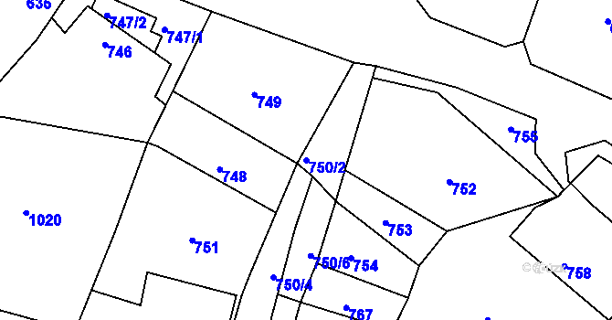 Parcela st. 750/2 v KÚ Lužná u Rakovníka, Katastrální mapa
