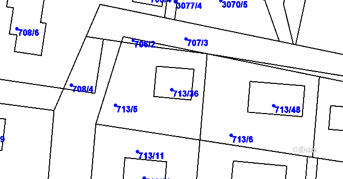 Parcela st. 713/36 v KÚ Lužná u Rakovníka, Katastrální mapa