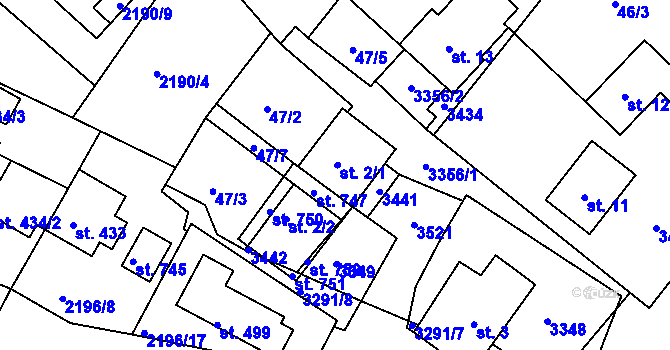 Parcela st. 2/1 v KÚ Lužná u Vsetína, Katastrální mapa