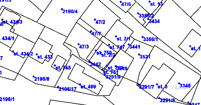 Parcela st. 2/2 v KÚ Lužná u Vsetína, Katastrální mapa