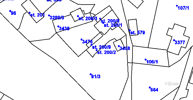 Parcela st. 200/2 v KÚ Lužná u Vsetína, Katastrální mapa