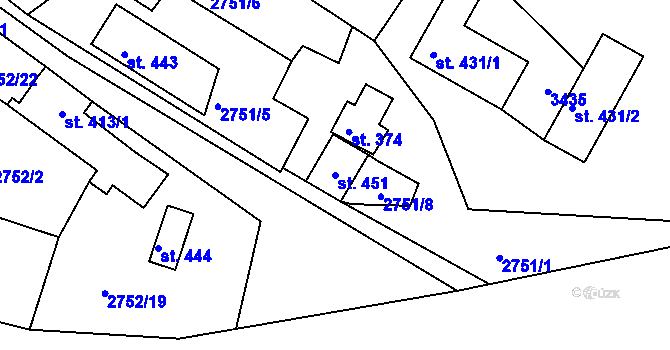 Parcela st. 451 v KÚ Lužná u Vsetína, Katastrální mapa