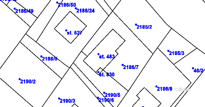 Parcela st. 483 v KÚ Lužná u Vsetína, Katastrální mapa