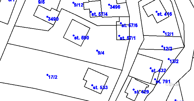 Parcela st. 9/4 v KÚ Lužná u Vsetína, Katastrální mapa