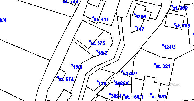 Parcela st. 15/2 v KÚ Lužná u Vsetína, Katastrální mapa