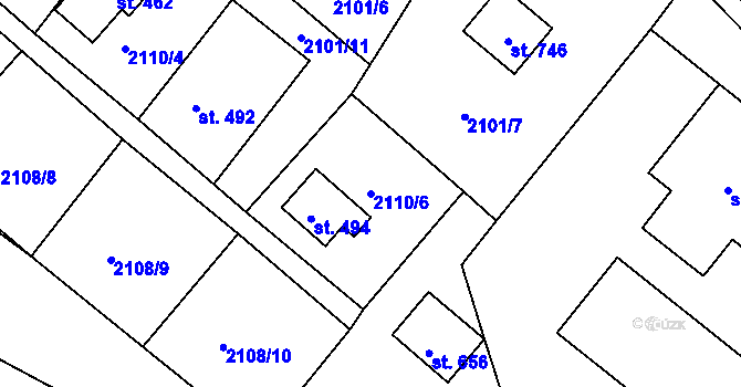 Parcela st. 2110/6 v KÚ Lužná u Vsetína, Katastrální mapa