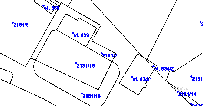 Parcela st. 2181/7 v KÚ Lužná u Vsetína, Katastrální mapa