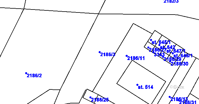 Parcela st. 2186/3 v KÚ Lužná u Vsetína, Katastrální mapa