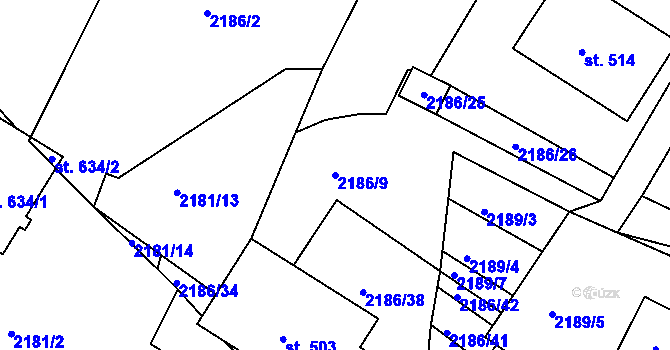 Parcela st. 2186/9 v KÚ Lužná u Vsetína, Katastrální mapa