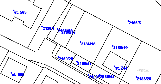 Parcela st. 2186/18 v KÚ Lužná u Vsetína, Katastrální mapa