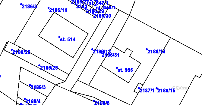 Parcela st. 2186/31 v KÚ Lužná u Vsetína, Katastrální mapa