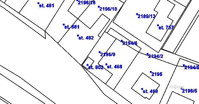 Parcela st. 2196/9 v KÚ Lužná u Vsetína, Katastrální mapa